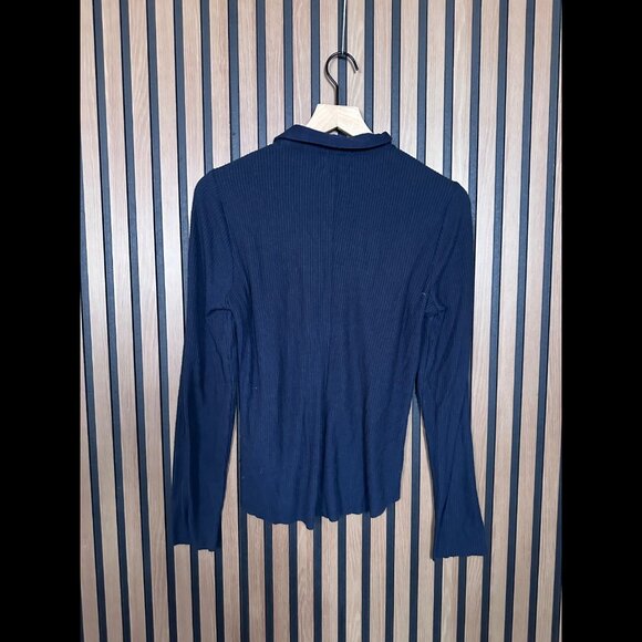 Nation LTD Polo Shirt Large Womens Blue Navy Long Sleeve Ribbed Modal Stretch - Picture 2 of 7